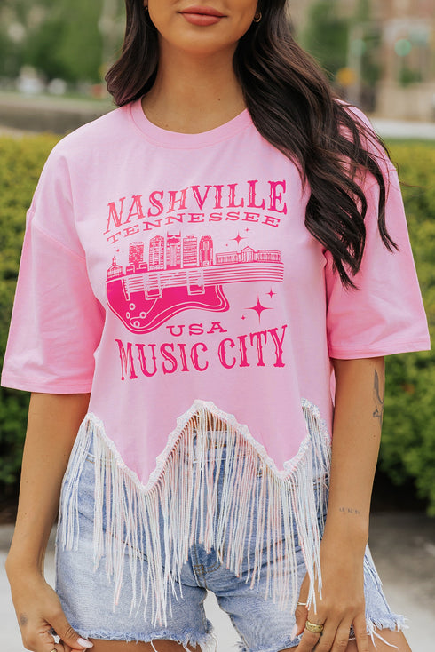 Music City Sequin Graphic Fringed Hem Cotton Tee