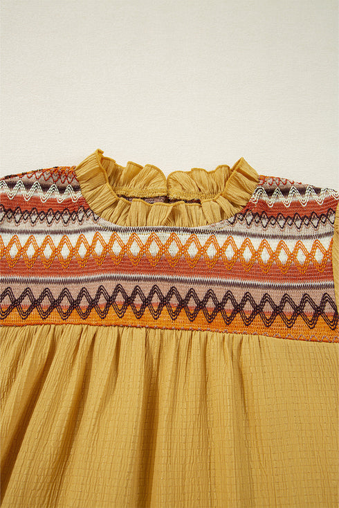 Mustard Geometric Short Puff Sleeve Frilled Collar Blouse