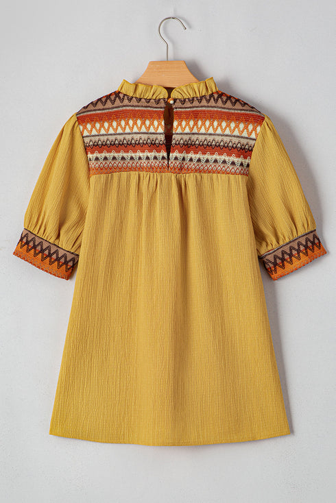 Mustard Geometric Short Puff Sleeve Frilled Collar Blouse