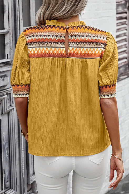 Mustard Geometric Short Puff Sleeve Frilled Collar Blouse