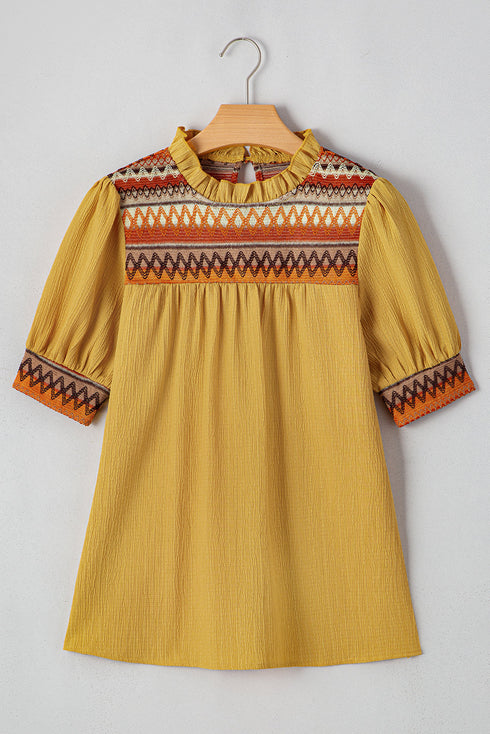 Mustard Geometric Short Puff Sleeve Frilled Collar Blouse