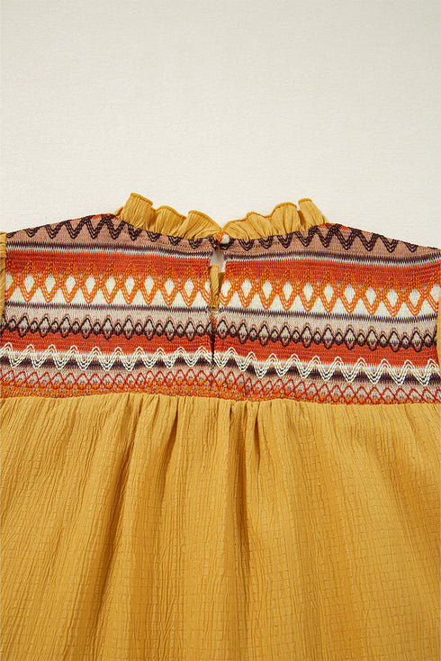 Mustard Geometric Short Puff Sleeve Frilled Collar Blouse