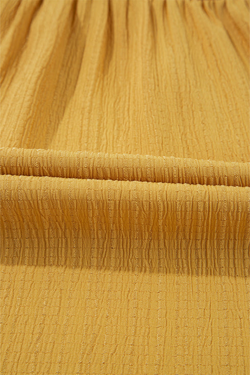 Mustard Geometric Short Puff Sleeve Frilled Collar Blouse