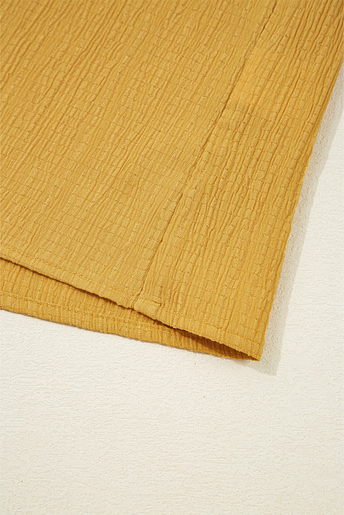 Mustard Geometric Short Puff Sleeve Frilled Collar Blouse