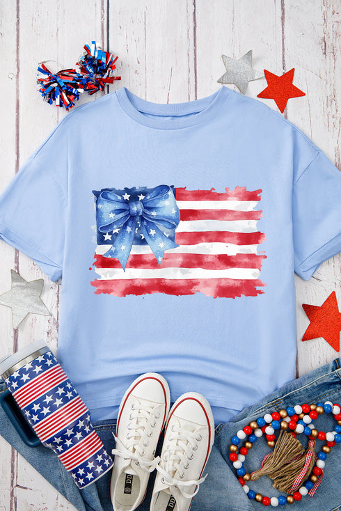 Myosotis American Flag Bow Knot Print Half Sleeve T Shirt