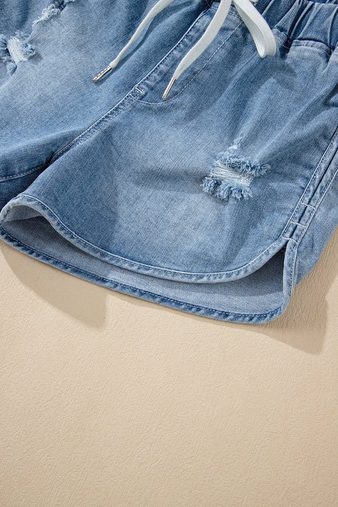 Myosotis Drawstring High Waist Distressed Denim Shorts