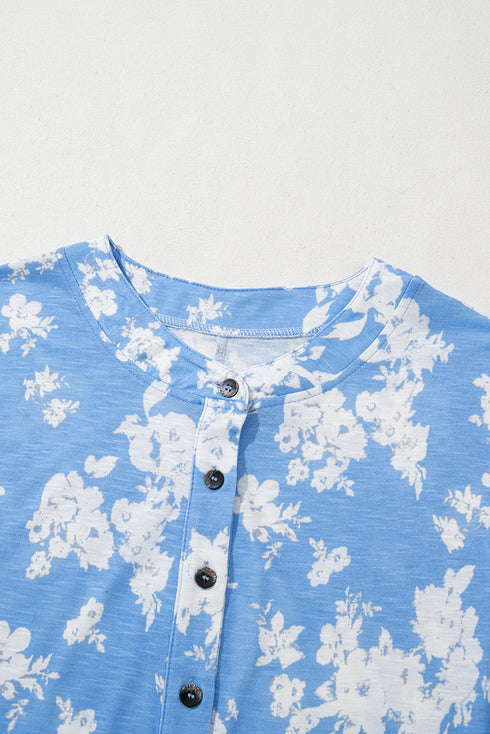 Myosotis Floral Print Half Button Wide Leg Relaxed Sleeveless Jumpsuit