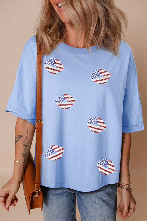 Myosotis Kiss American Flag Sequin Lip Graphic Oversize T Shirt