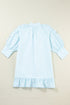 Myosotis Seersucker Ruffled Puff Sleeve Stand Neck Mini Dress