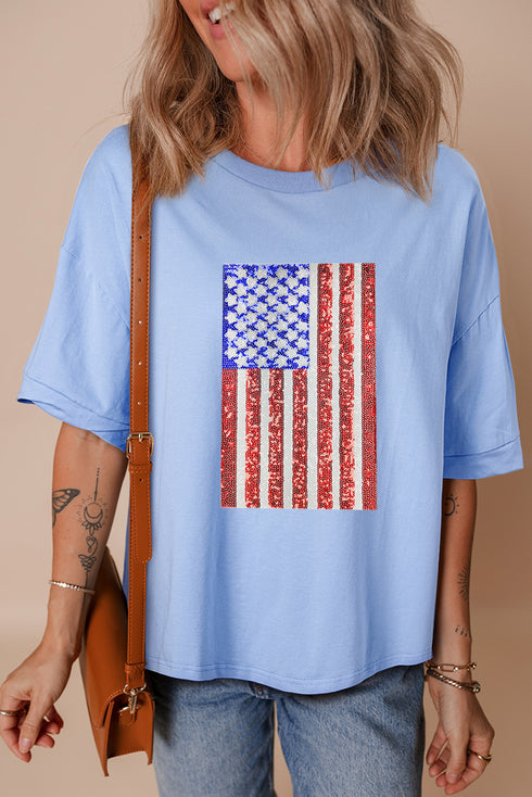Myosotis Sequined American Flag Dropped Shoulder T Shirt