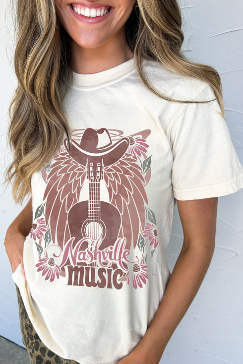Nashville Bound Music Lover Cowboy Hat Guitar Graphic Casual Tee