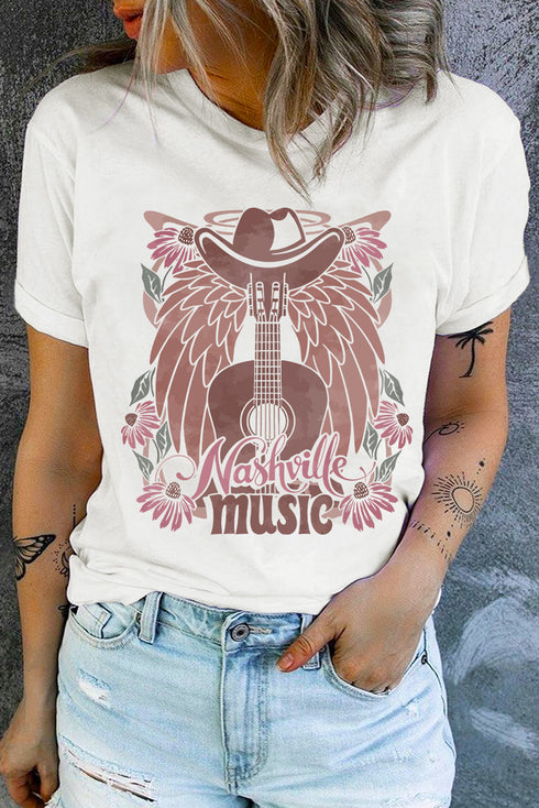 Nashville Bound Music Lover Cowboy Hat Guitar Graphic Casual Tee