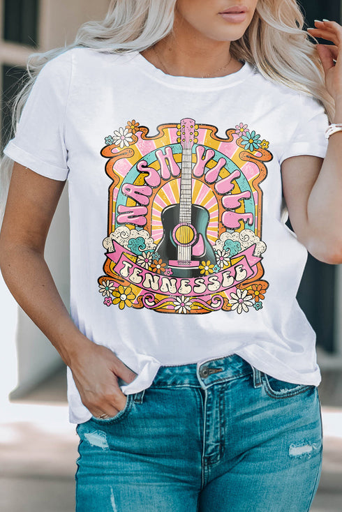 Nashville Guitar Graphic Print Crew Neck Relaxed Tee