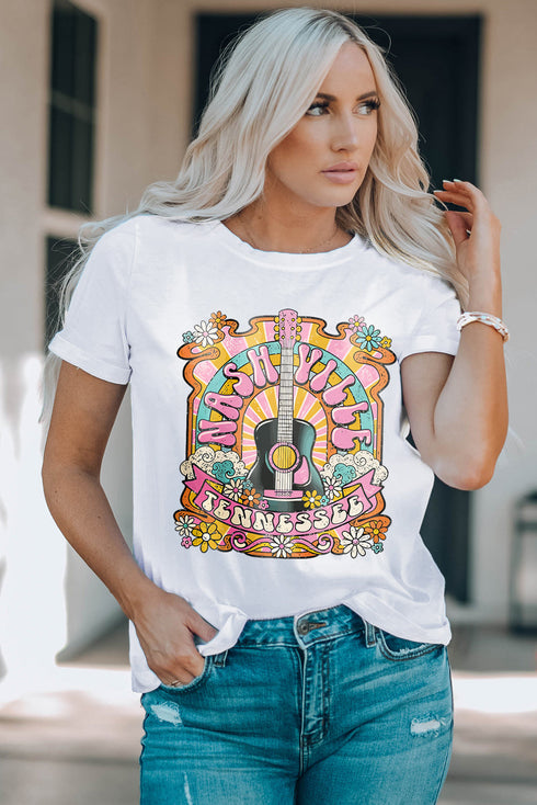 Nashville Guitar Graphic Print Crew Neck Relaxed Tee