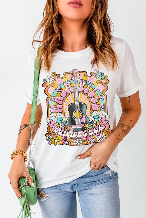 Nashville Guitar Graphic Print Crew Neck Relaxed Tee