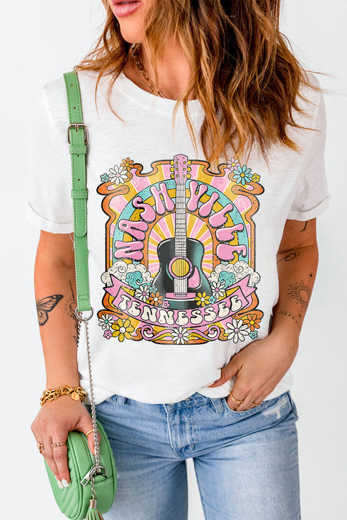 Nashville Guitar Graphic Print Crew Neck Relaxed Tee