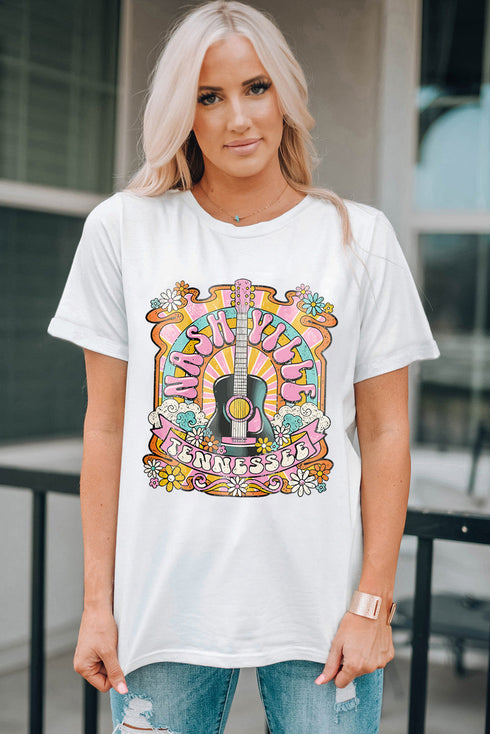 Nashville Guitar Graphic Print Crew Neck Relaxed Tee