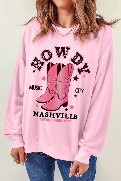 Nashville Howdy Western Boot Graphic Crewneck Sweatshirt