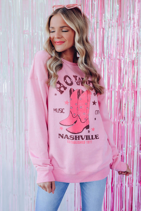 Nashville Howdy Western Boot Graphic Crewneck Sweatshirt