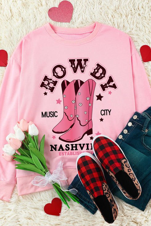 Nashville Howdy Western Boot Graphic Crewneck Sweatshirt