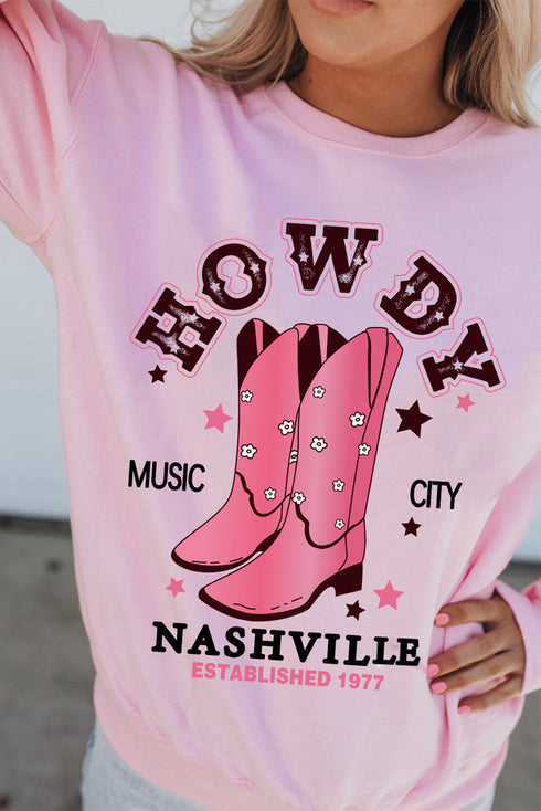 Nashville Howdy Western Boot Graphic Crewneck Sweatshirt