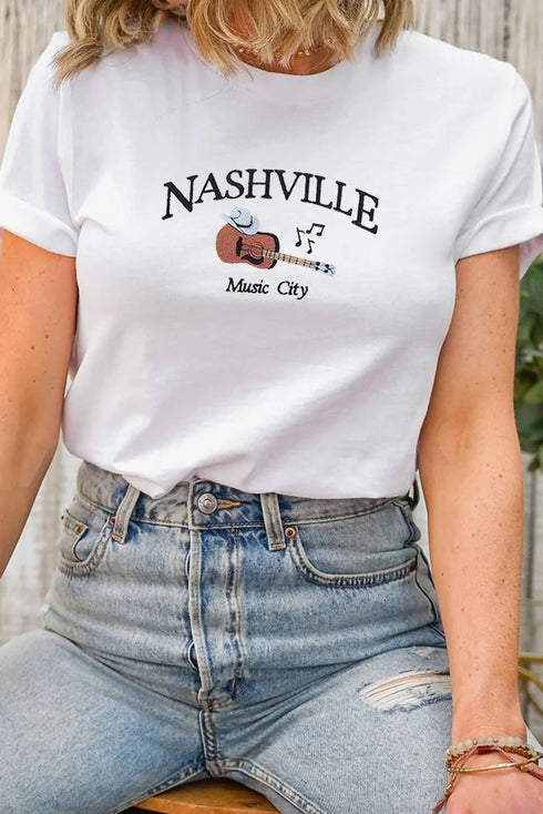 Nashville Music City Embroidered Graphic Crew Neck Tee
