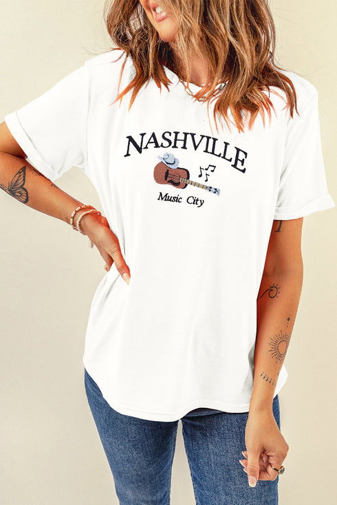 Nashville Music City Embroidered Graphic Crew Neck Tee