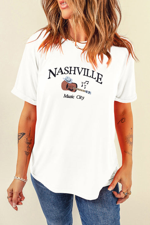 Nashville Music City Embroidered Graphic Crew Neck Tee