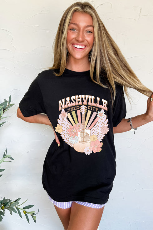Nashville Music City Floral Guitar Angel Wing Graphic Tee
