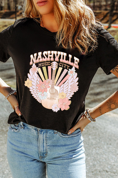 Nashville Music City Floral Guitar Angel Wing Graphic Tee