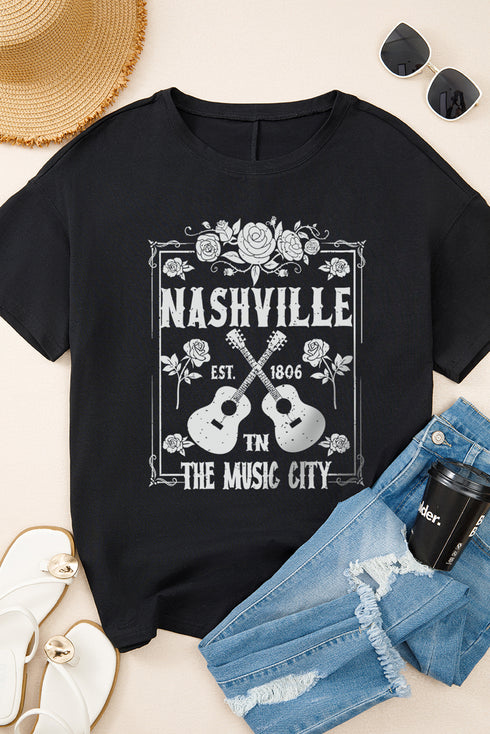 Nashville Music City Rose Guitar Graphic Tunic Tee
