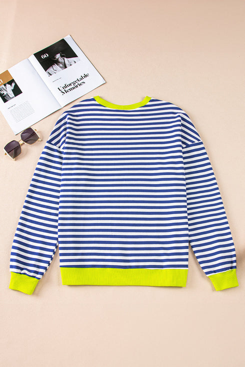 Nautical Inspired Striped Pullover Sweatshirt With Neon Pop Trim