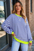 Nautical Inspired Striped Pullover Sweatshirt With Neon Pop Trim