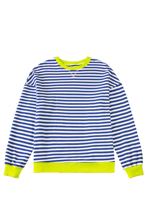 Nautical Inspired Striped Pullover Sweatshirt With Neon Pop Trim
