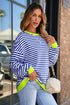 Nautical Inspired Striped Pullover Sweatshirt With Neon Pop Trim