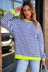 Nautical Inspired Striped Pullover Sweatshirt With Neon Pop Trim