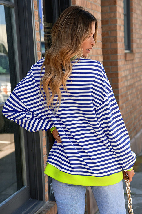 Nautical Inspired Striped Pullover Sweatshirt With Neon Pop Trim