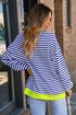 Nautical Inspired Striped Pullover Sweatshirt With Neon Pop Trim