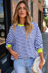 Nautical Inspired Striped Pullover Sweatshirt With Neon Pop Trim