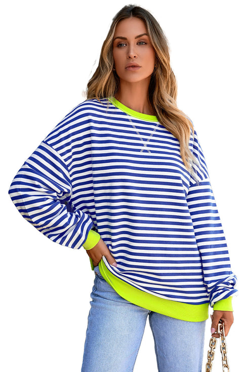 Nautical Inspired Striped Pullover Sweatshirt With Neon Pop Trim