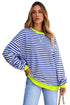 Nautical Inspired Striped Pullover Sweatshirt With Neon Pop Trim