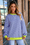 Nautical Inspired Striped Pullover Sweatshirt With Neon Pop Trim