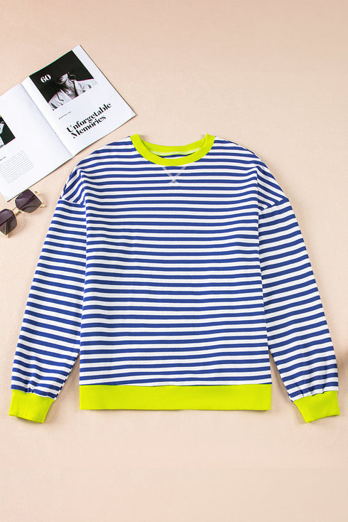 Nautical Inspired Striped Pullover Sweatshirt With Neon Pop Trim