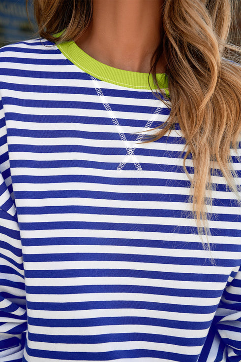 Nautical Inspired Striped Pullover Sweatshirt With Neon Pop Trim