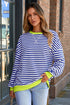 Nautical Inspired Striped Pullover Sweatshirt With Neon Pop Trim