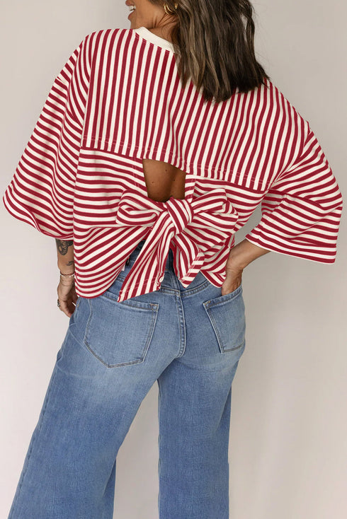 Nautical Lines Striped Bow Back Cutout Wide Sleeve Tee