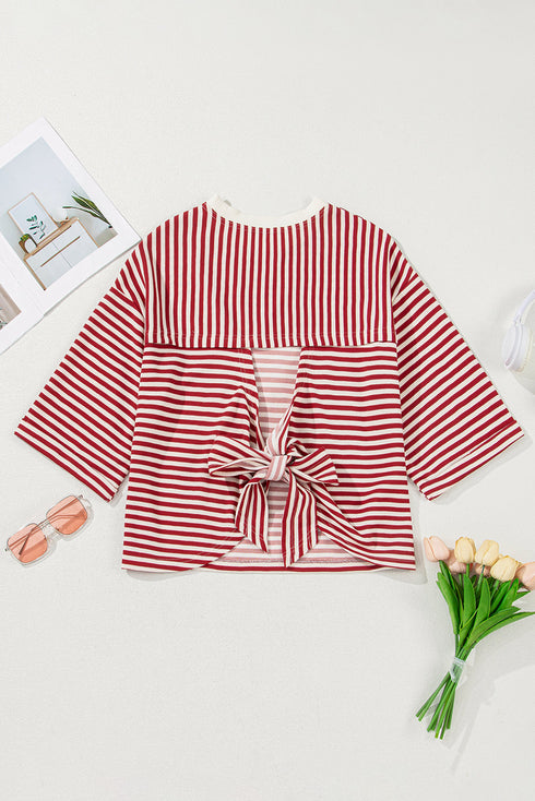 Nautical Lines Striped Bow Back Cutout Wide Sleeve Tee