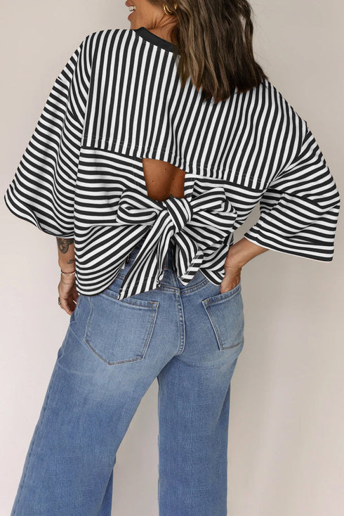Nautical Lines Striped Bow Back Cutout Wide Sleeve Tee