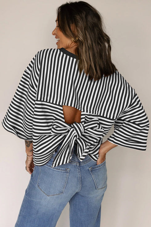 Nautical Lines Striped Bow Back Cutout Wide Sleeve Tee