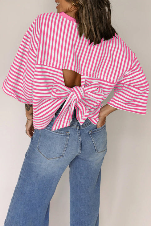Nautical Lines Striped Bow Back Cutout Wide Sleeve Tee